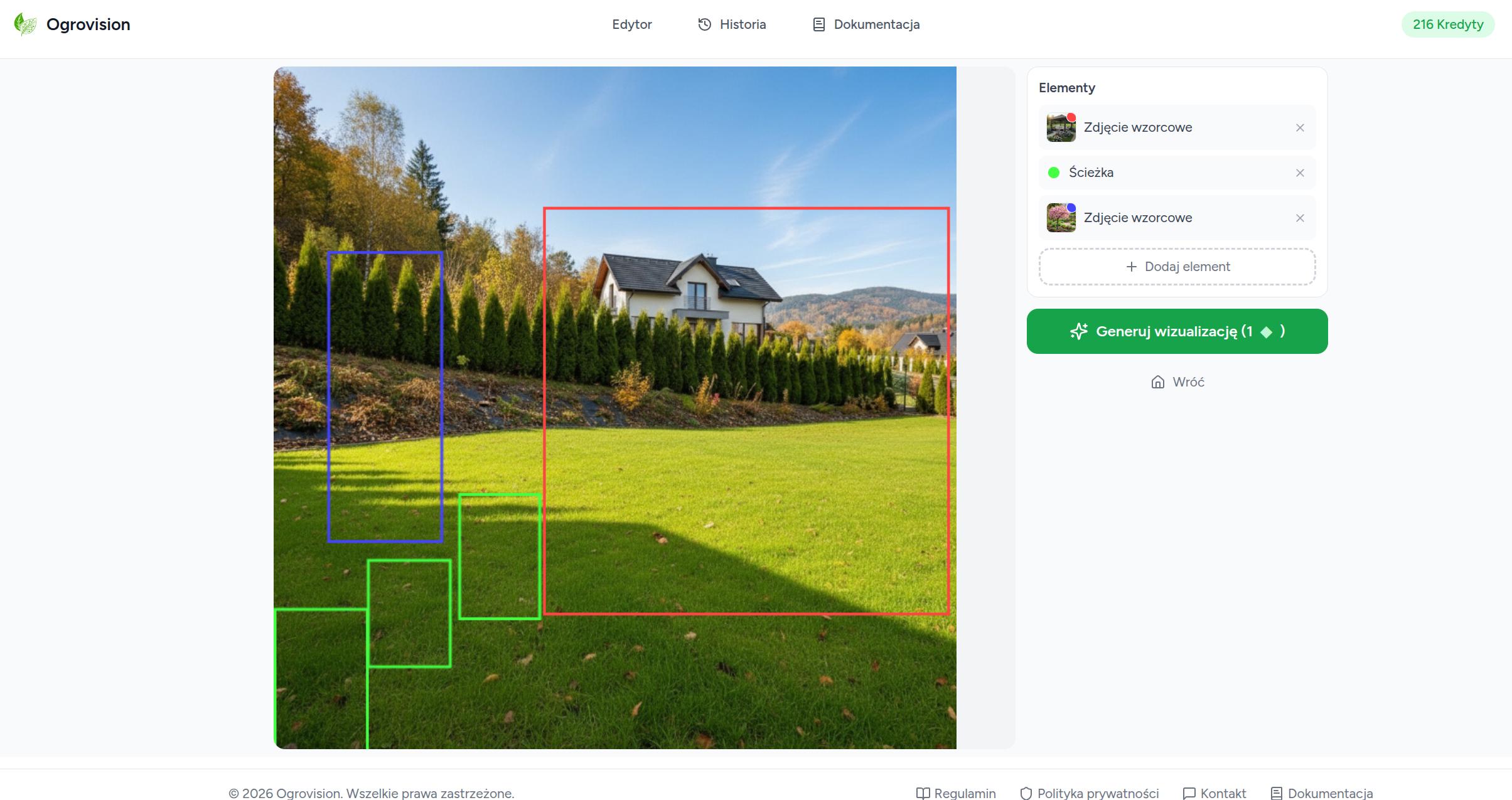 Zdjęcie trawnika z narysowanymi strefami przed wygenerowaniem wizualizacji