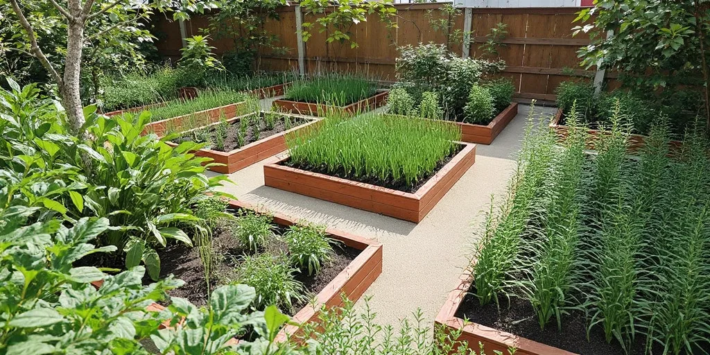 Obraz przedstawiający dobrze zorganizowany ogród warzywny z podniesionymi grządkami, pełnymi soczystych pomidorów, sałaty, marchwi i innych warzyw, otoczonych ścieżkami ułatwiającymi pielęgnację roślin