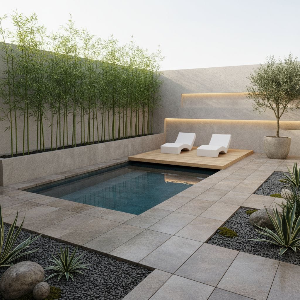 Ogród nowoczesny z basenem typu plunge pool