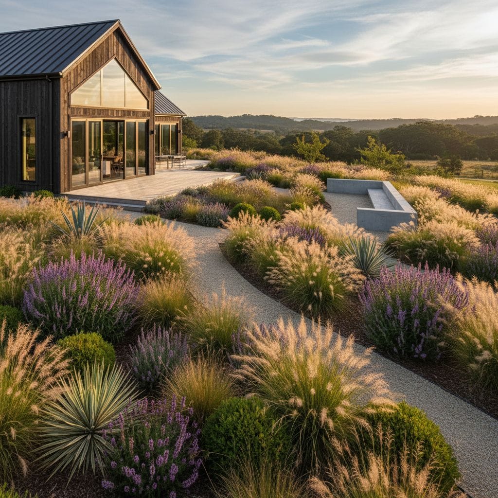 Ogród przy domu nowoczesnej stodoły