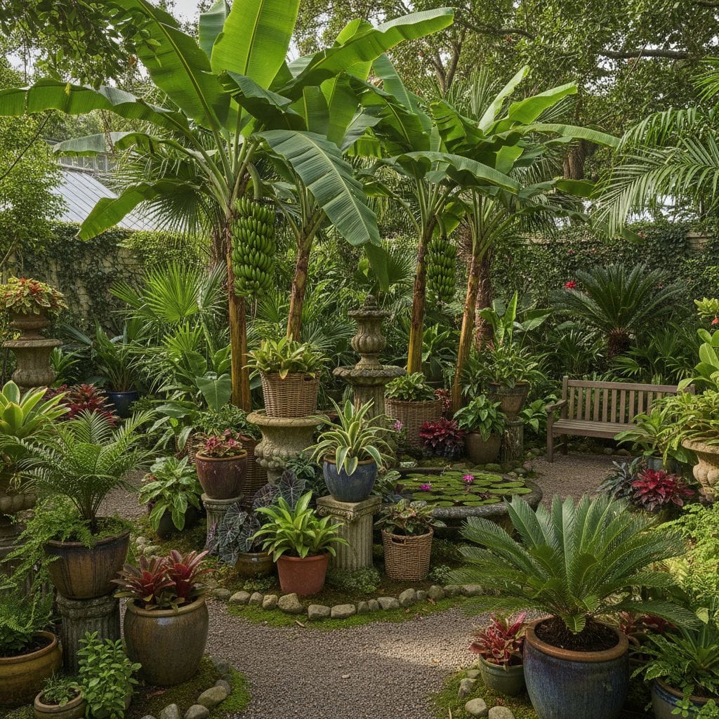 Ogród z roślinami egzotycznymi w donicach