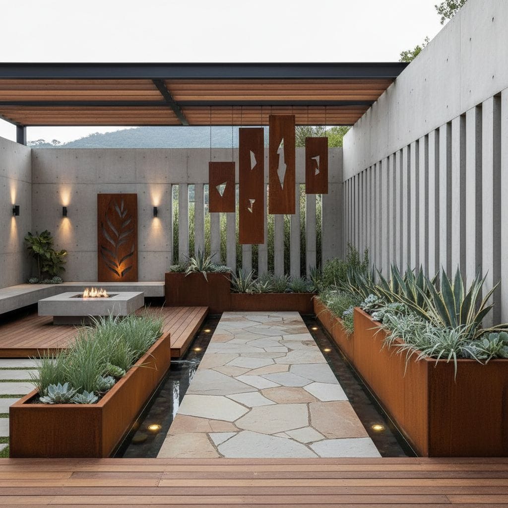 Ogród z małą architekturą z cortenu