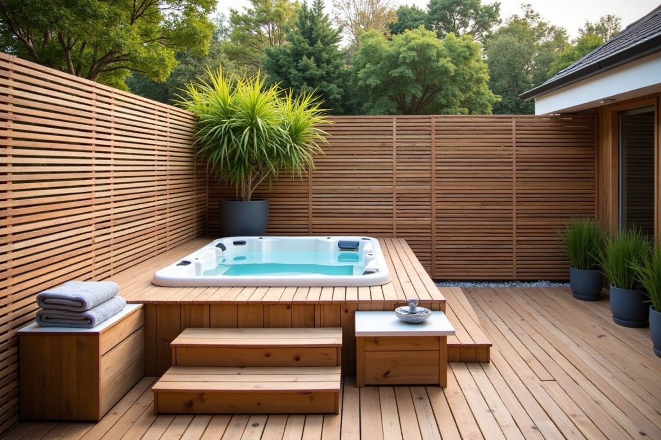 Drewniany taras z wanną jacuzzi, ażurową osłoną z listew i bambusem w donicach
